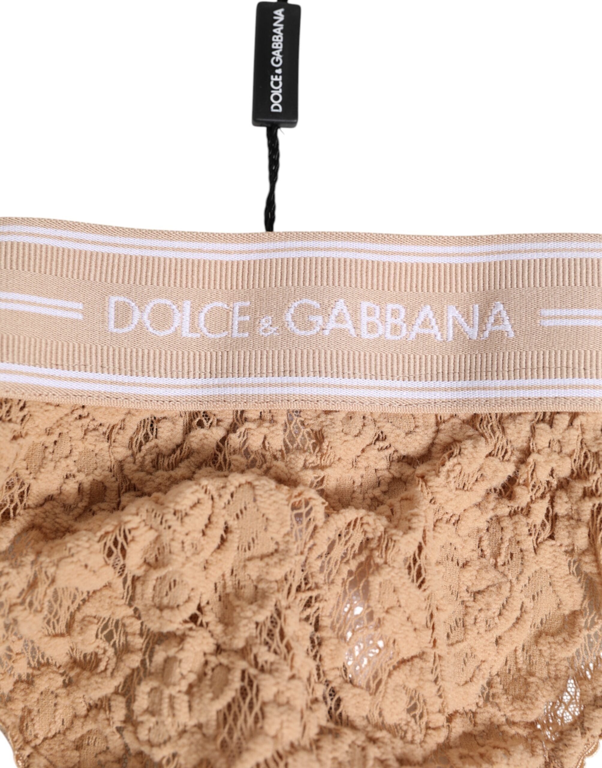 Dolce & Gabbana Beige Lace Logo Elastic Waist Thong Tanga Underwear