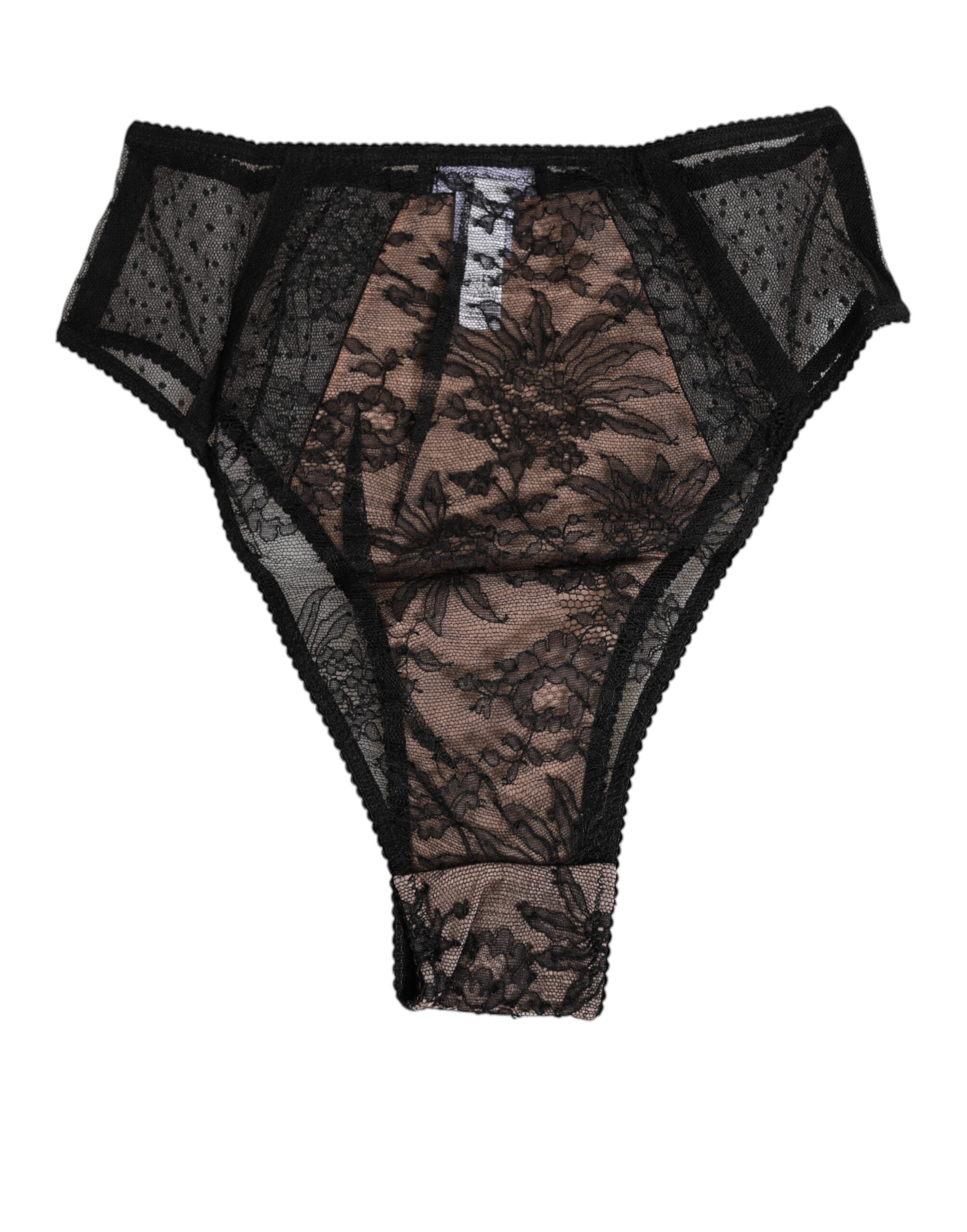 Svarta blommiga spetsunderkläder med hög midja och transparent mesh