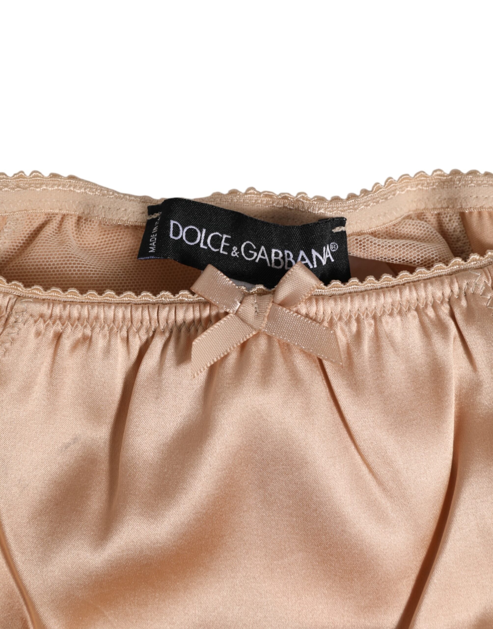 Nakenbeige siden-satinunderkläder med rosett och spetskant