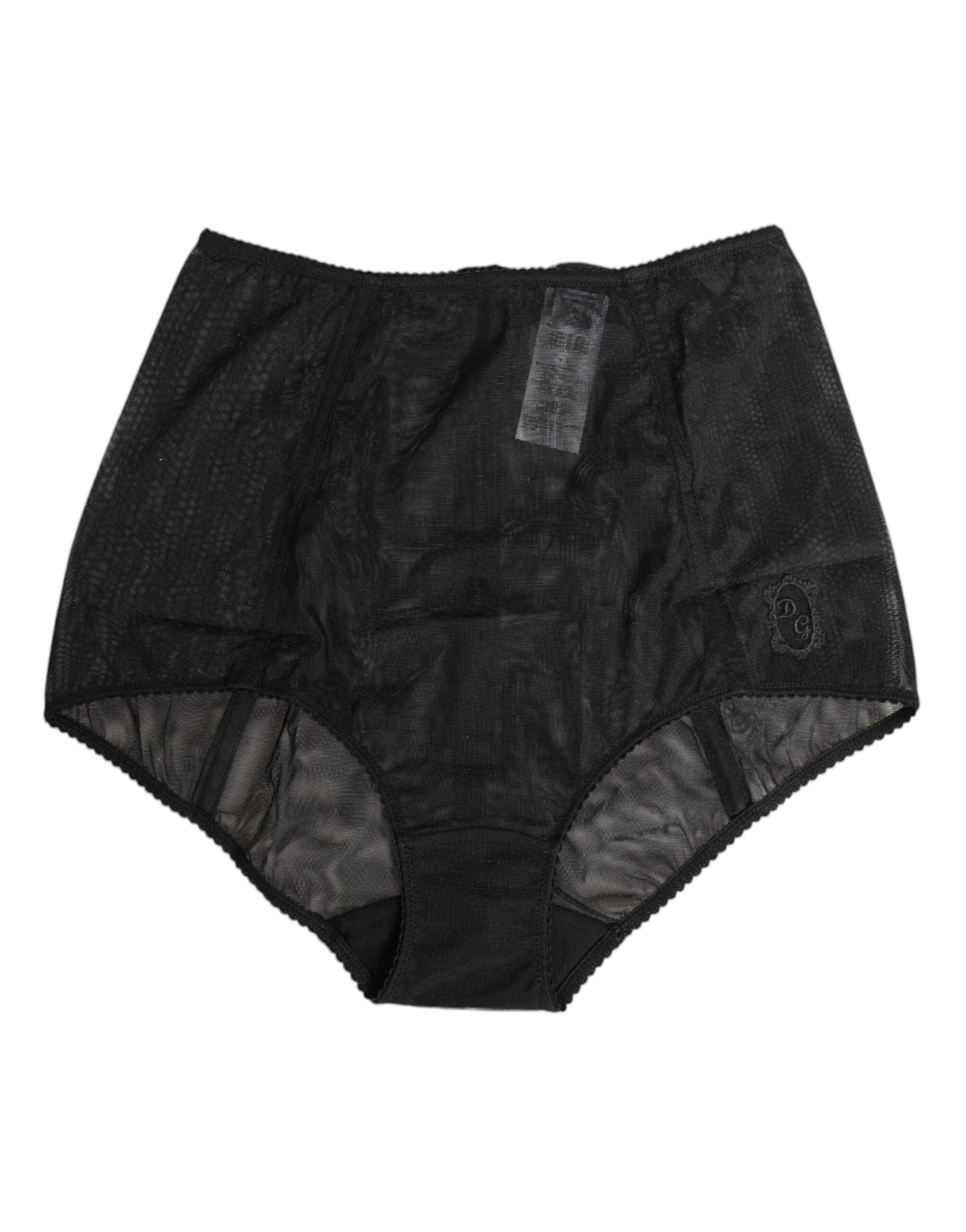 Svarta högmidjade mesh-underkläder med genomskinliga shapewear-detaljer