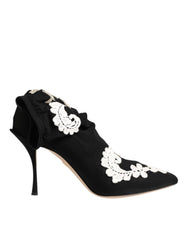 Dolce & Gabbana Black White Embroidered Jersey Stiletto Boots Shoes