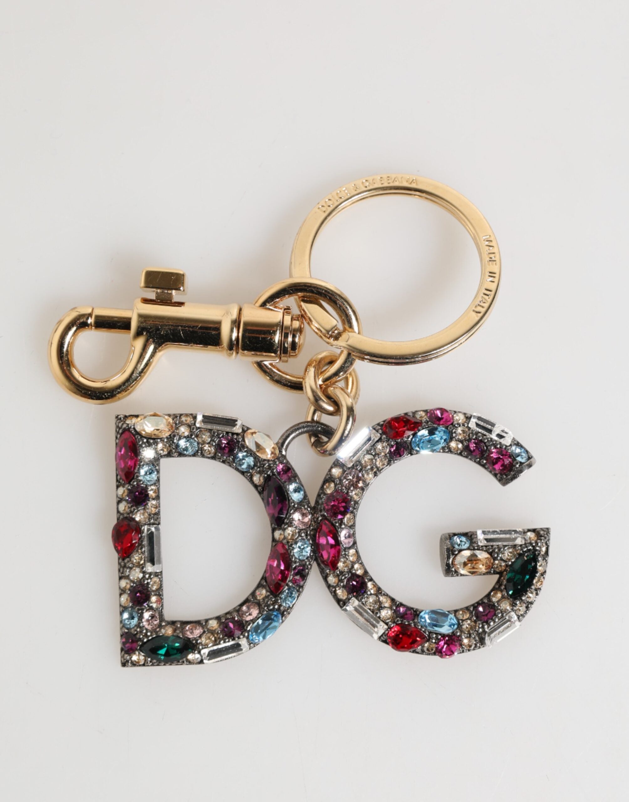 Dolce &amp; Gabbana Multicolor Crystal DG Logo Gold Keychain Charm Keyring
