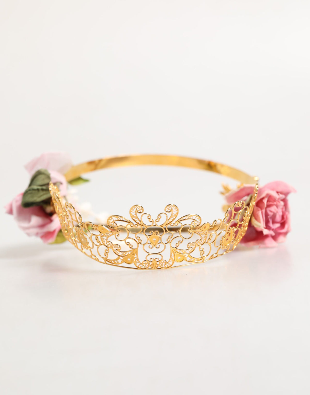 Dolce &amp; Gabbana Guldfärgad Blommig Tiara Rosa Rosor Kristall Krona Pannband