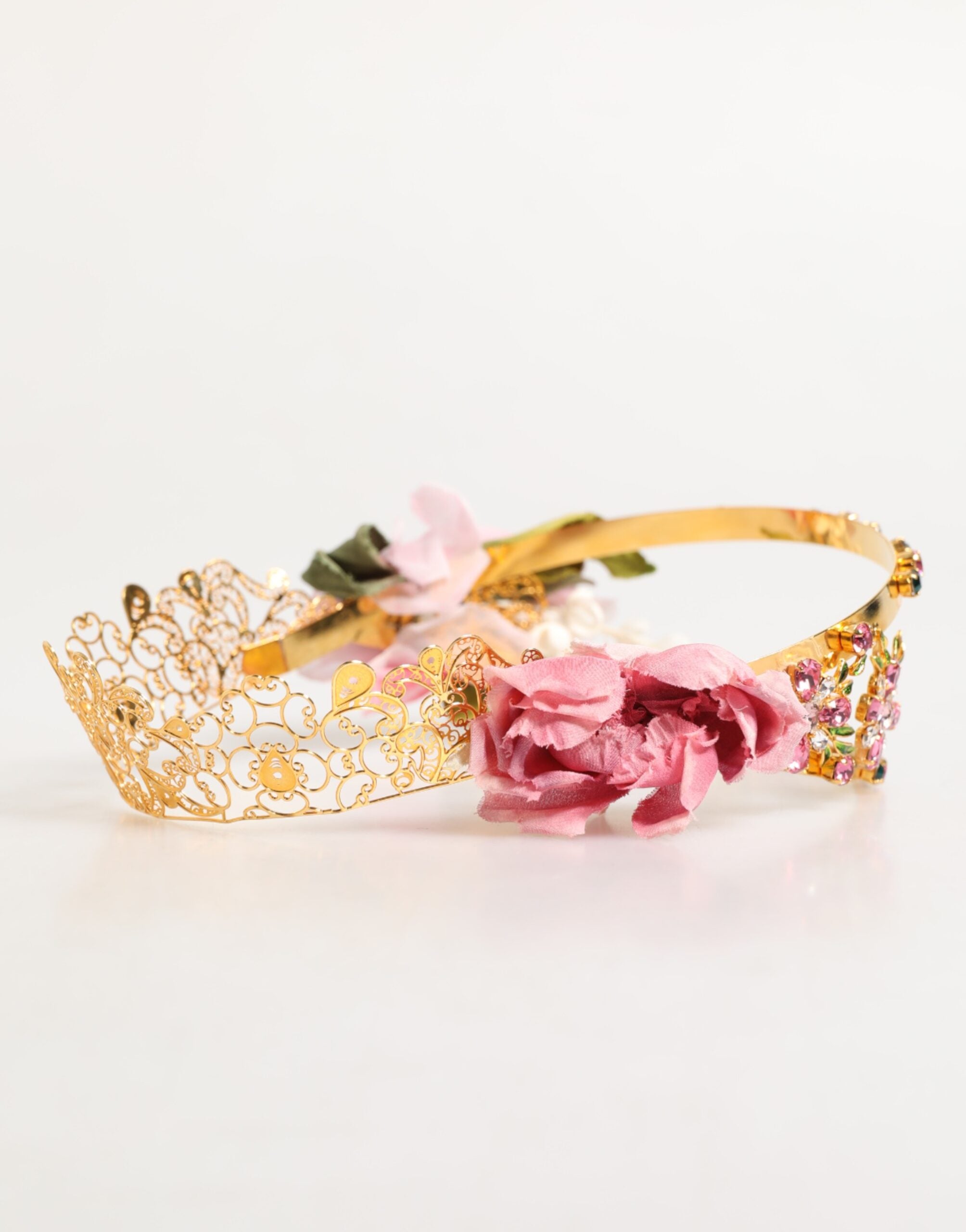 Dolce &amp; Gabbana Guldfärgad Blommig Tiara Rosa Rosor Kristall Krona Pannband