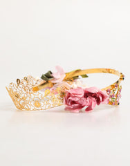 Dolce &amp; Gabbana Guldfärgad Blommig Tiara Rosa Rosor Kristall Krona Pannband