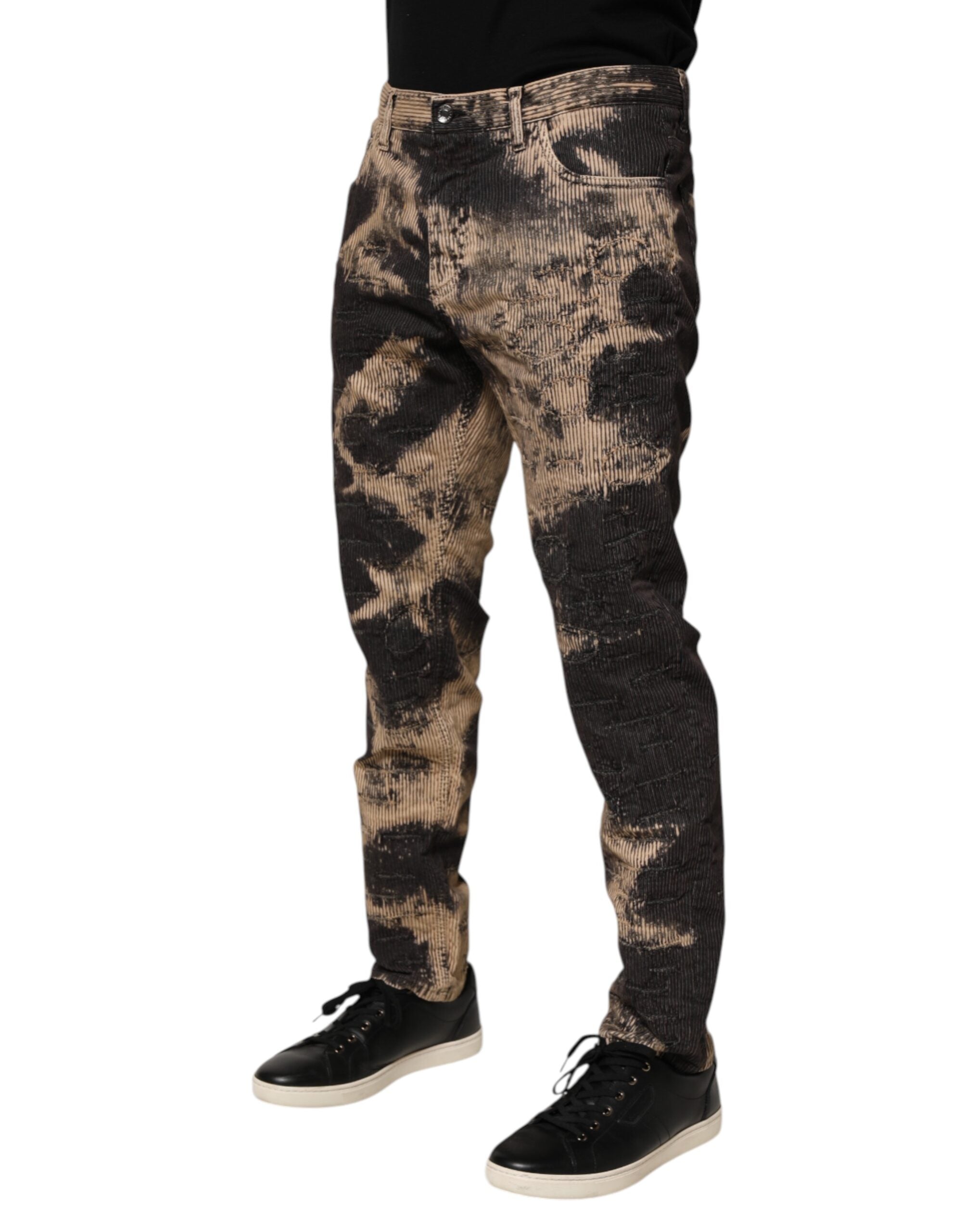 Dolce & Gabbana Beige Black Corduroy Tie-Dye Cotton Blend Pants