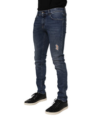 Dolce & Gabbana Blue Cotton Logo Plaque Skinny Men Denim Jeans