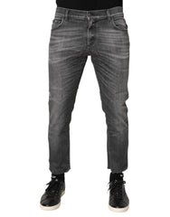Dolce & Gabbana Grey Cotton Denim Slim Fit Distressed Pants Jeans