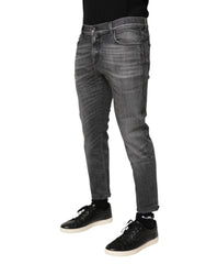Dolce & Gabbana Grey Cotton Denim Slim Fit Distressed Pants Jeans