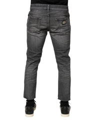 Dolce & Gabbana Grey Cotton Denim Slim Fit Distressed Pants Jeans