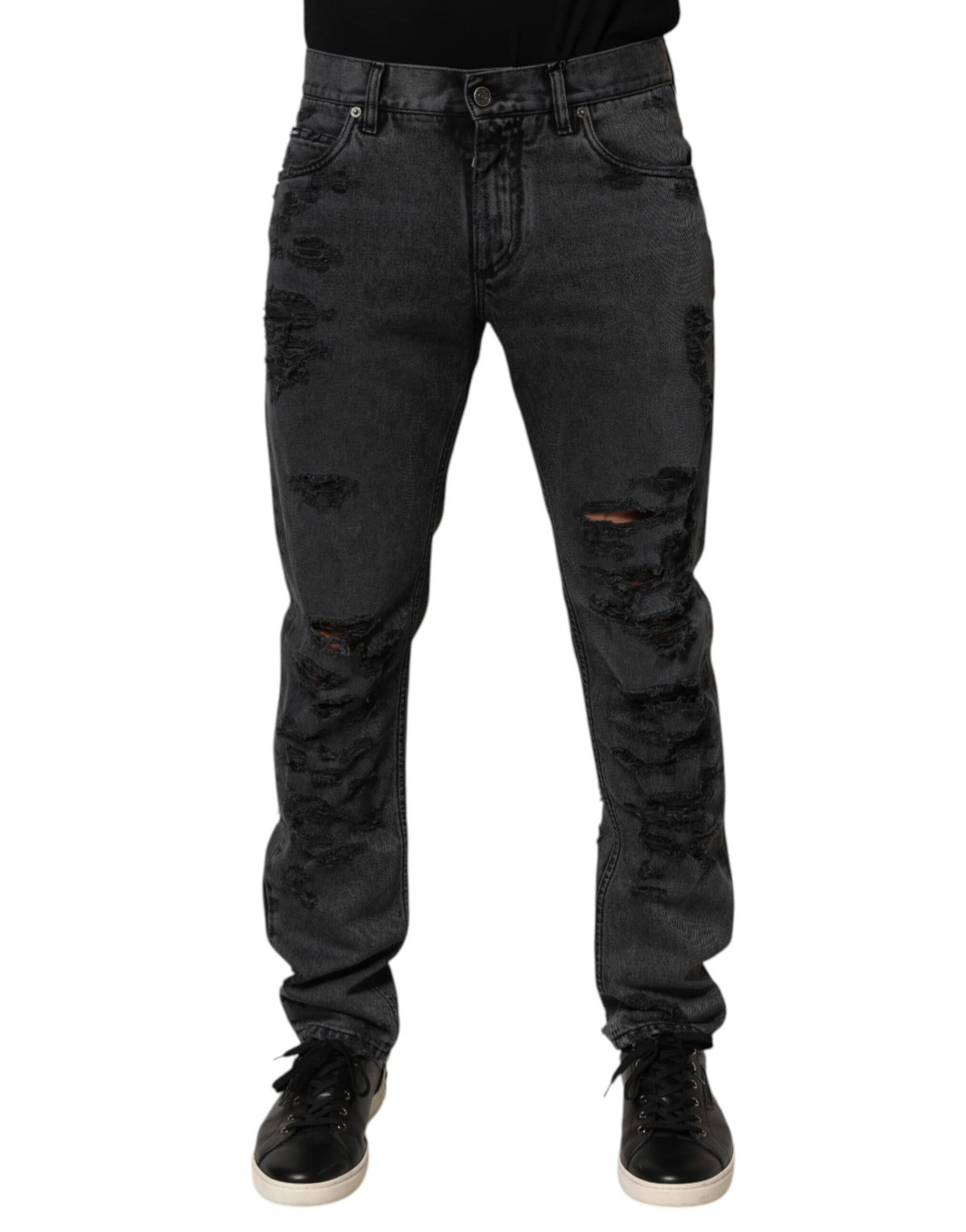 Dolce & Gabbana Black Tattered Skinny Cotton Men Denim Jeans