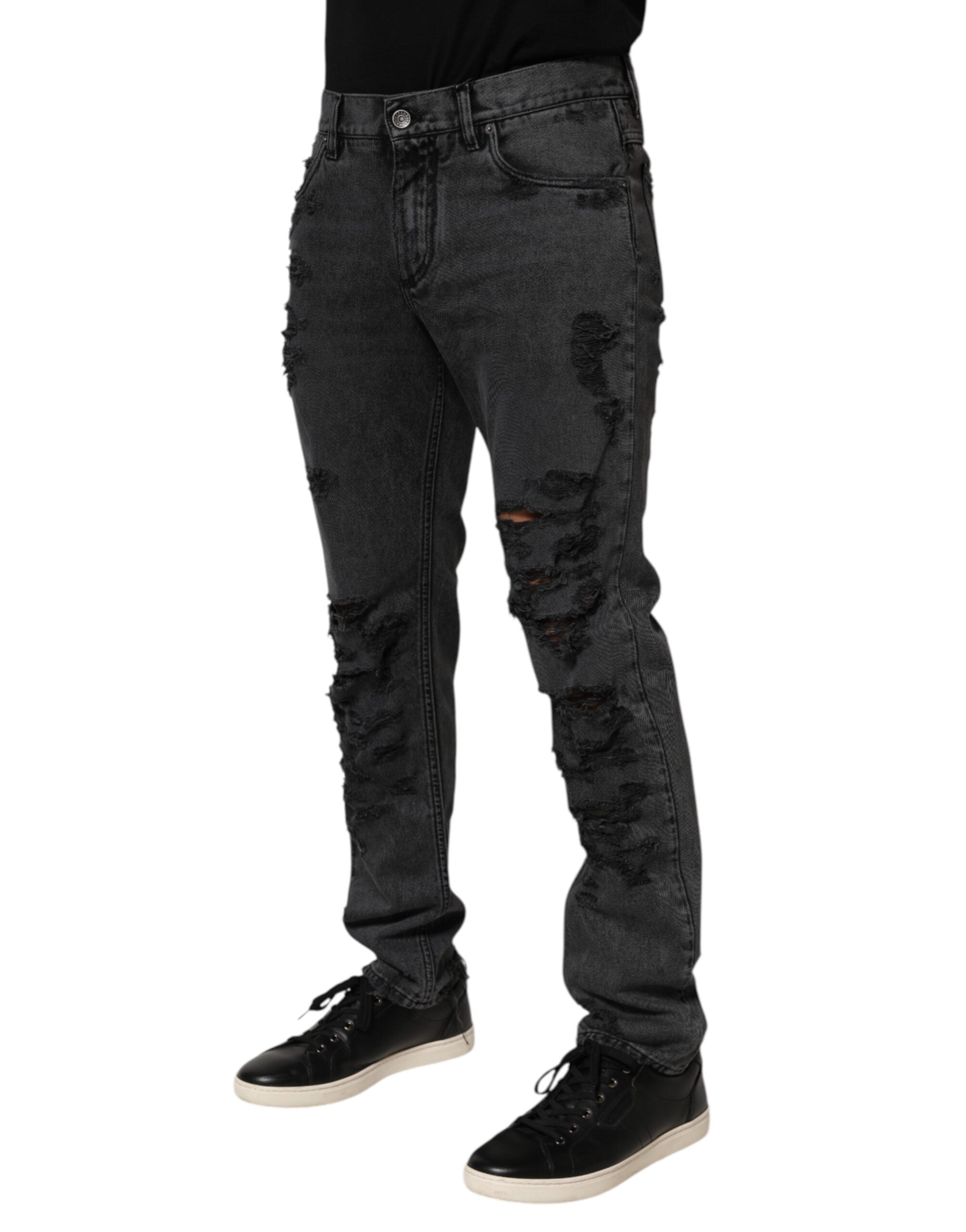 Dolce & Gabbana Black Tattered Skinny Cotton Men Denim Jeans