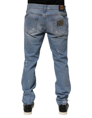 Dolce & Gabbana Blue Tattered Slim Fit Cotton Denim Jeans