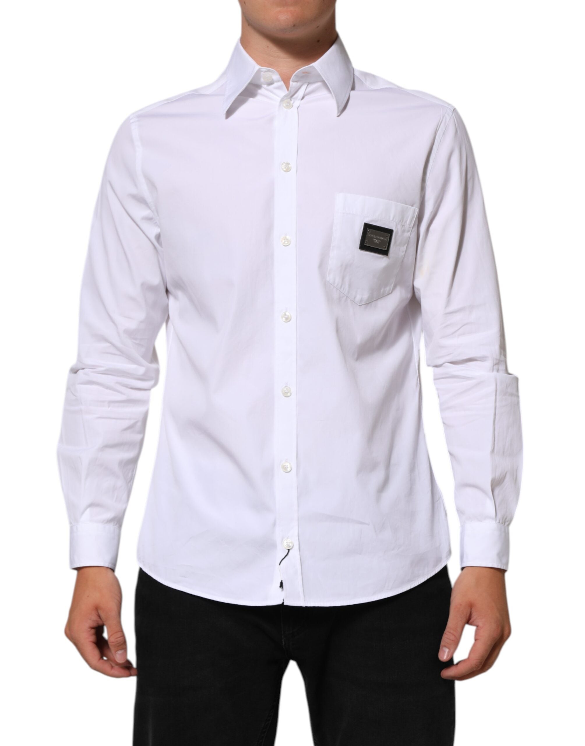 Dolce & Gabbana White Logo Plaque Collared Formal Dress  Shirt