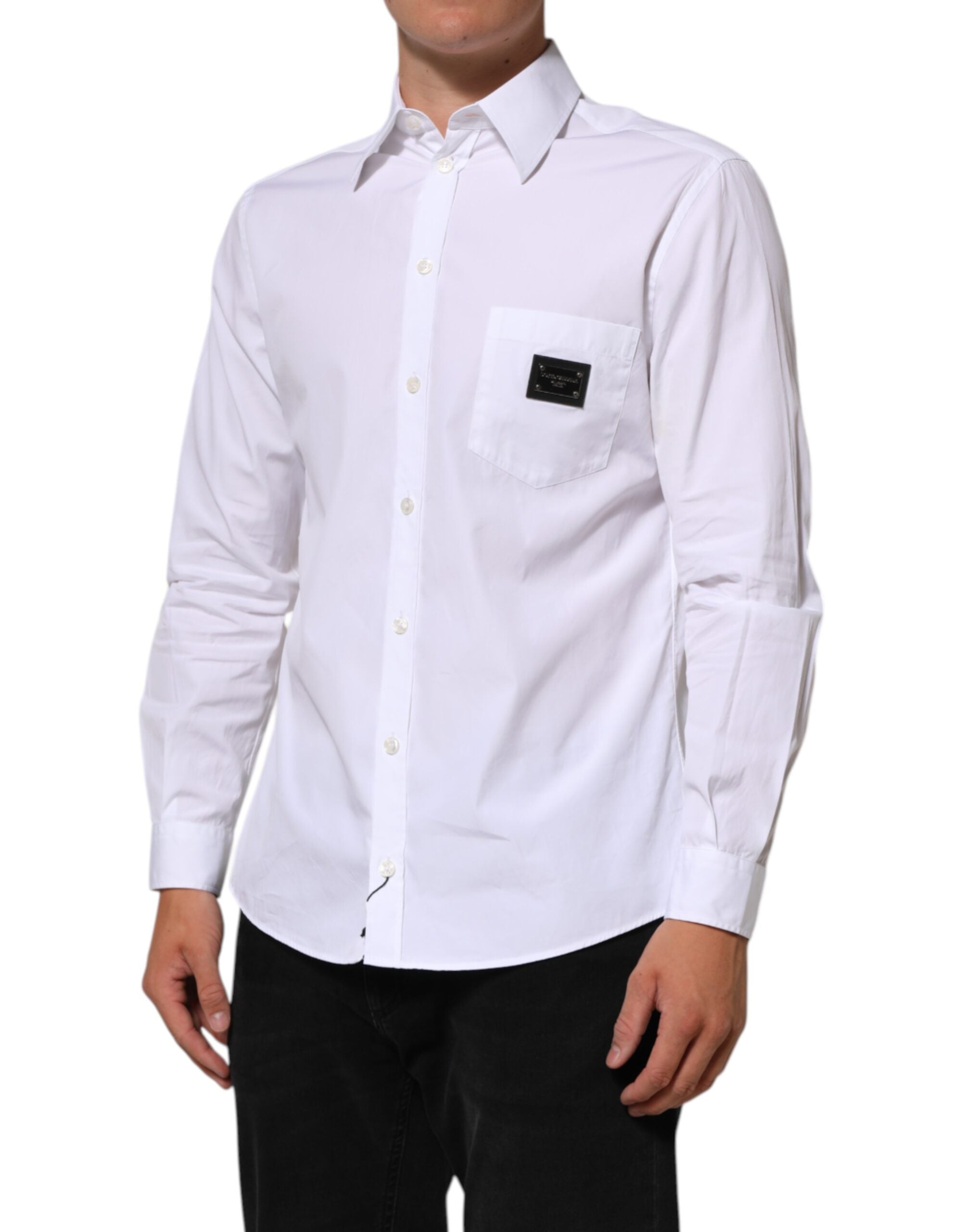 Dolce & Gabbana White Logo Plaque Collared Formal Dress  Shirt