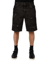 Dolce & Gabbana Black Cotton Tattered Denim Men Bermuda Short