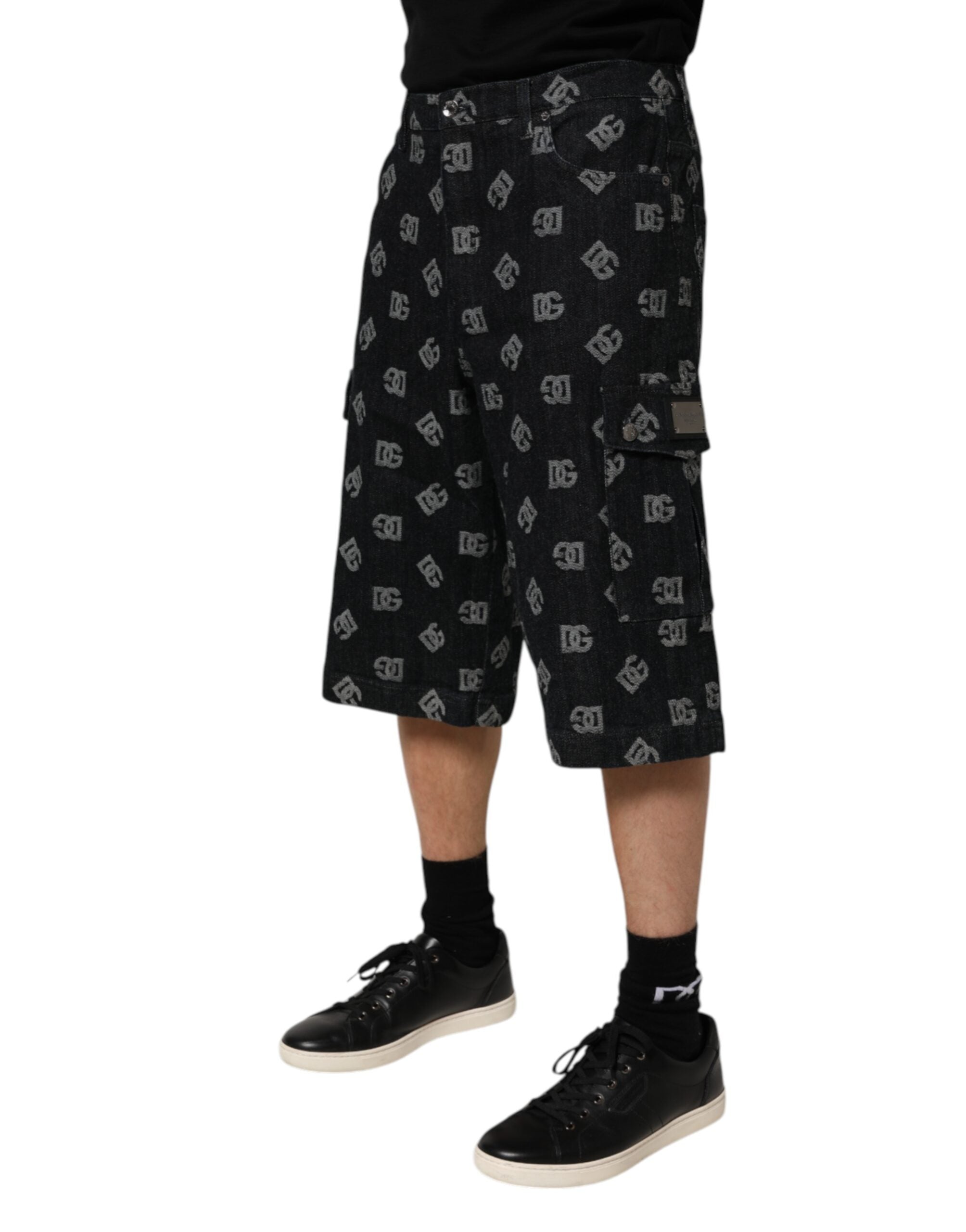 Dolce & Gabbana Black Monogram Denim Cargo Men Bermuda Short
