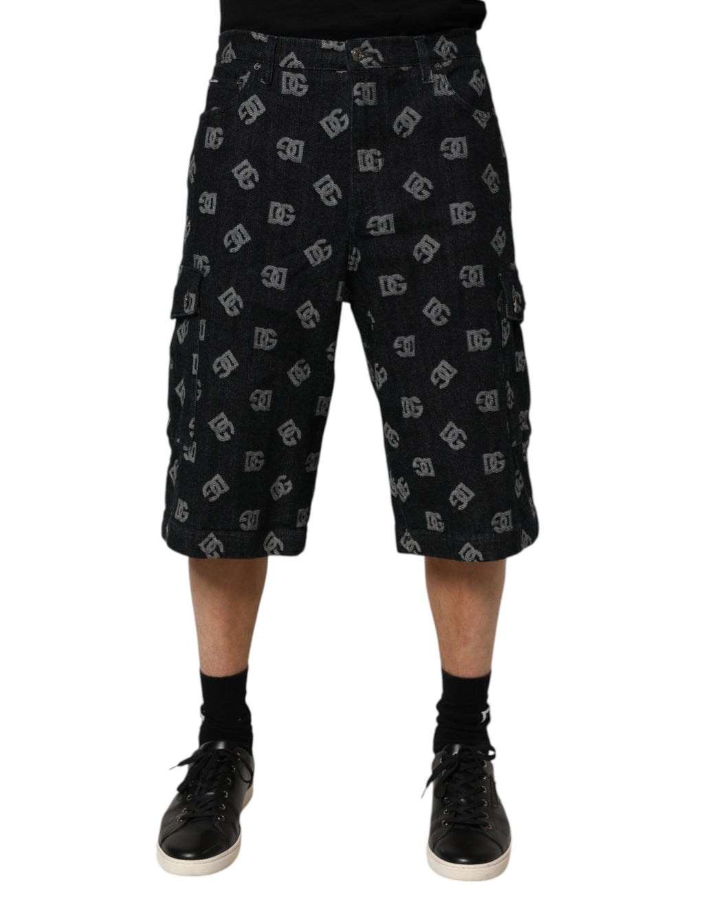 Svarta Monogram Denim Cargo Herr Bermudashorts