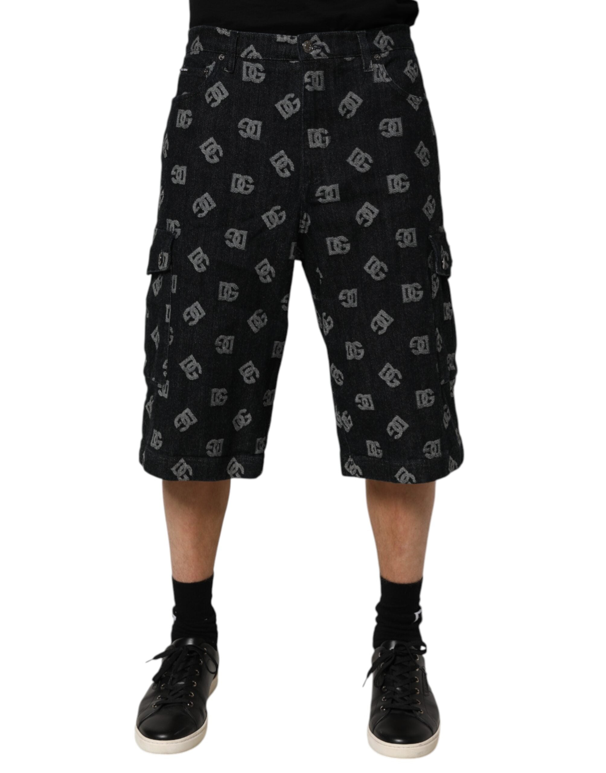 Svarta Monogram Denim Cargo Herr Bermudashorts