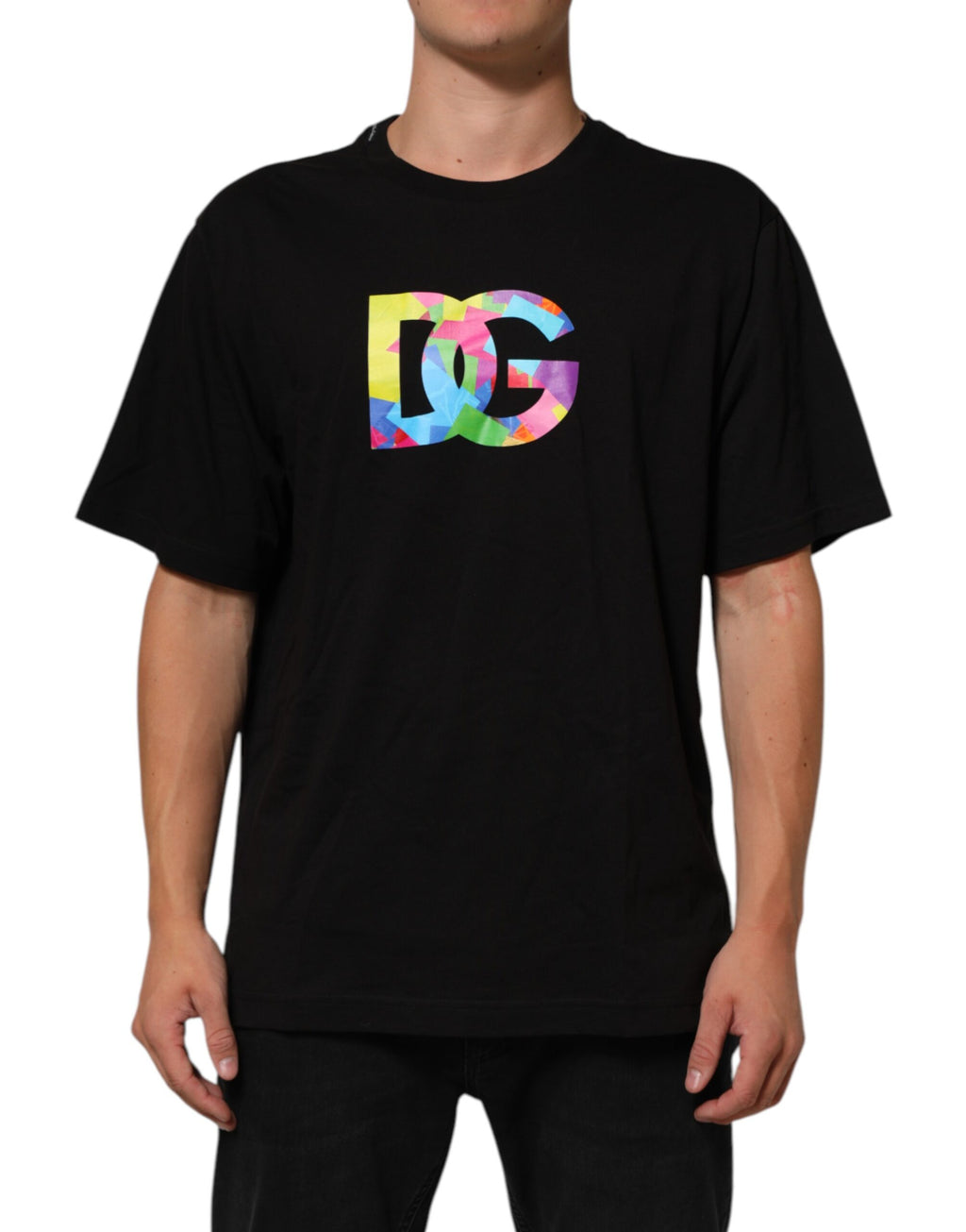 Svart logotyptryckt bomulls-t-shirt för män med rund hals