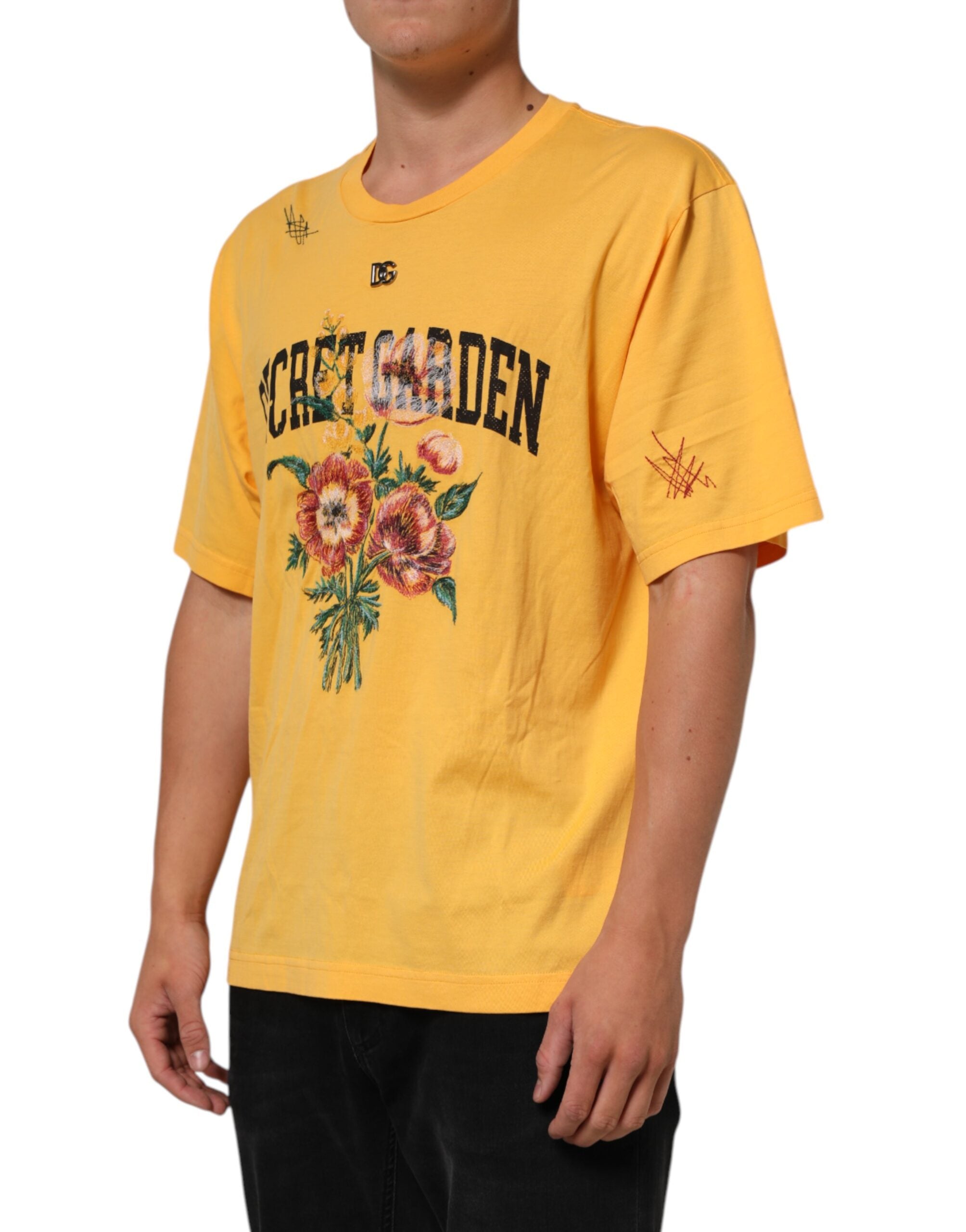Gul Secret Graden Blomsterprintet bomulls-T-skjorte med rund hals