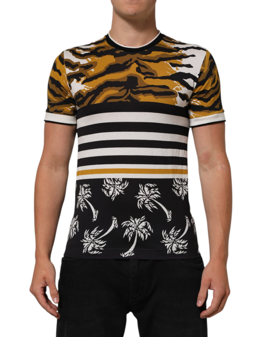 Flerfarget leopard palmeblad herre t-skjorte med rund hals