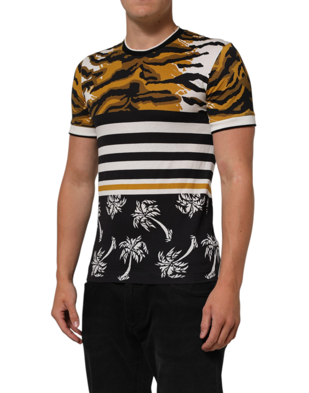 Flerfarget leopard palmeblad herre t-skjorte med rund hals