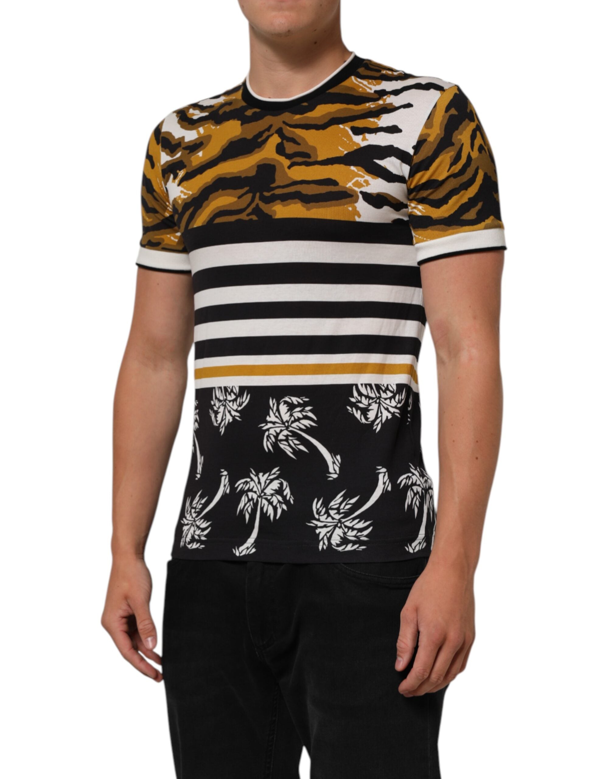 Flerfarget leopard palmeblad herre t-skjorte med rund hals