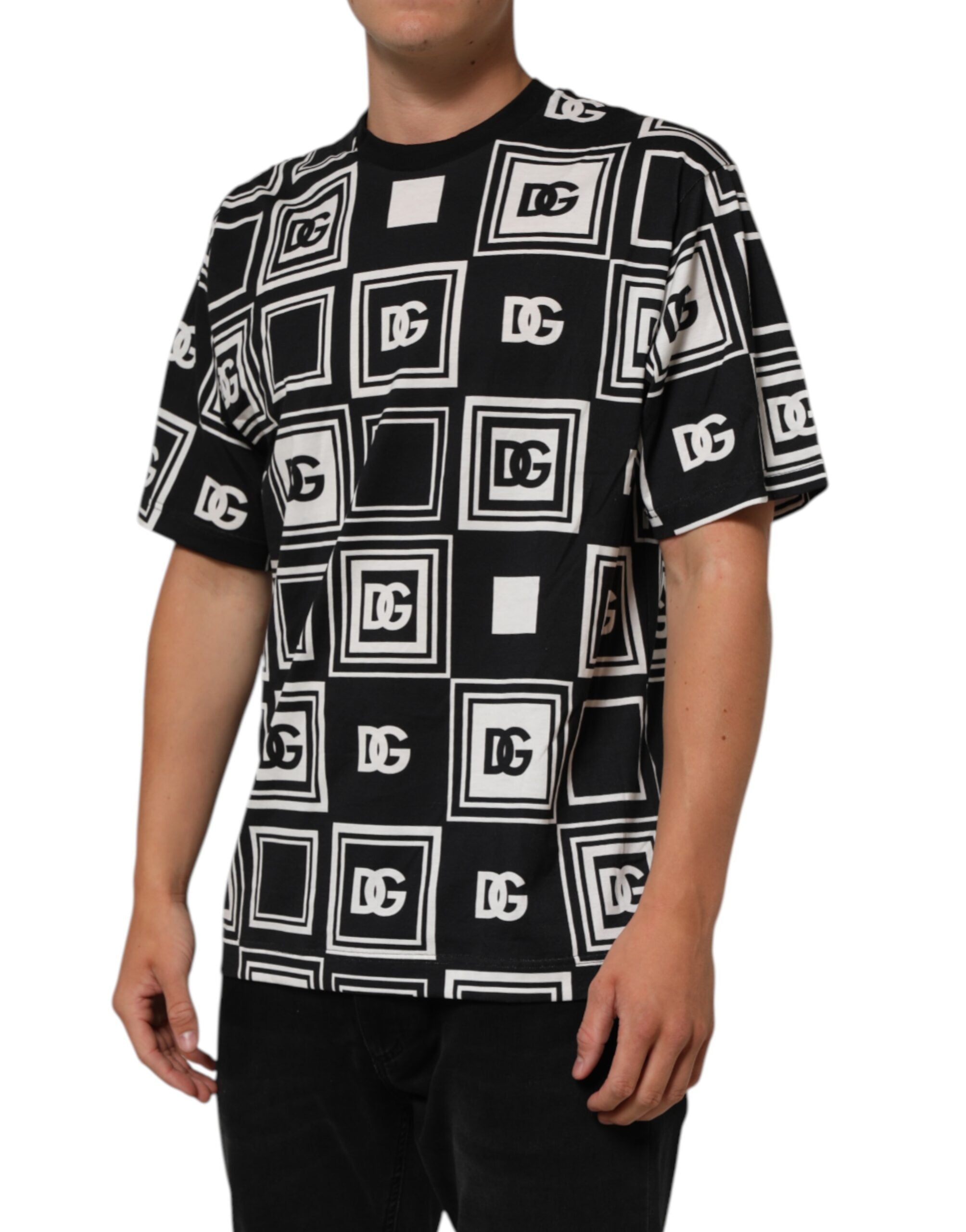 Svart Logo Monogram Bomulls-T-skjorte med rund hals