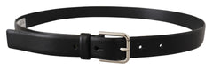 Dolce & Gabbana Black Calf Leather Silver Tone Logo Buckle Belt