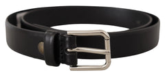 Dolce & Gabbana Black Calf Leather Silver Tone Logo Buckle Belt