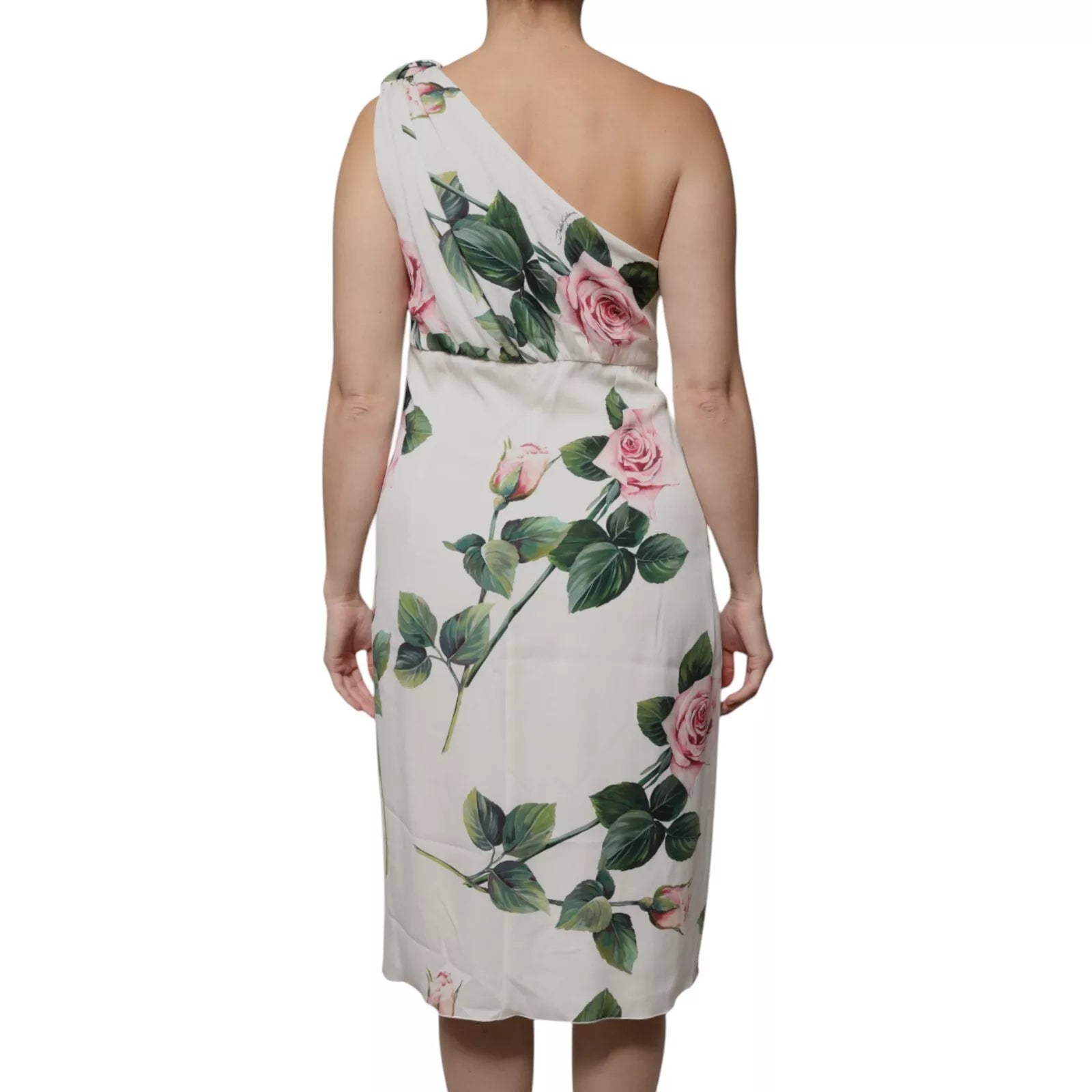 Dolce & Gabbana White Floral Silk One Shoulder Midi Dress