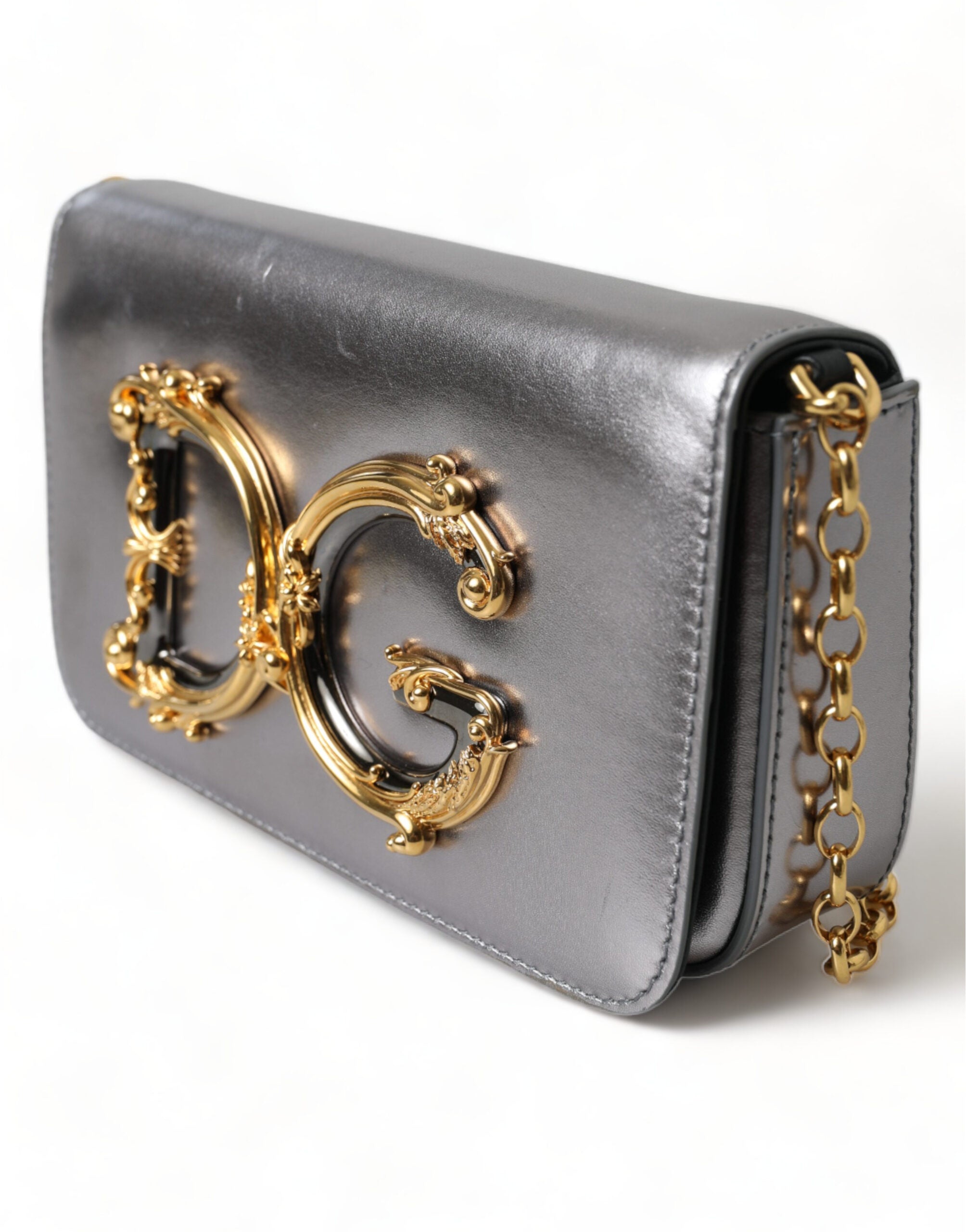 Dolce & Gabbana Metallic Silver Nappa Mini DG Girls Shoulder Borse Bag