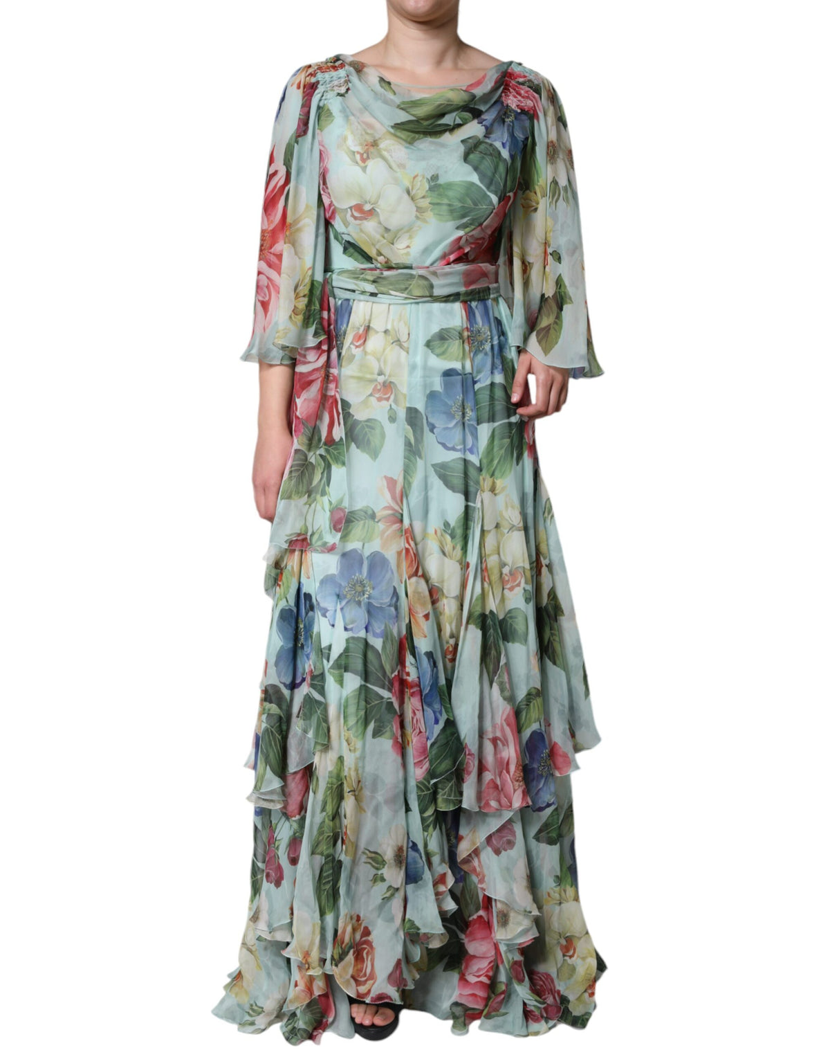 Dolce & Gabbana Blue Floral Print Tiered Long Maxi Dress