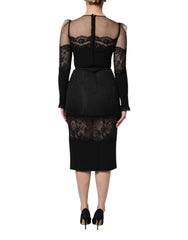 Dolce & Gabbana Black Lace Trim Nylon Tulle SheathMidi Dress