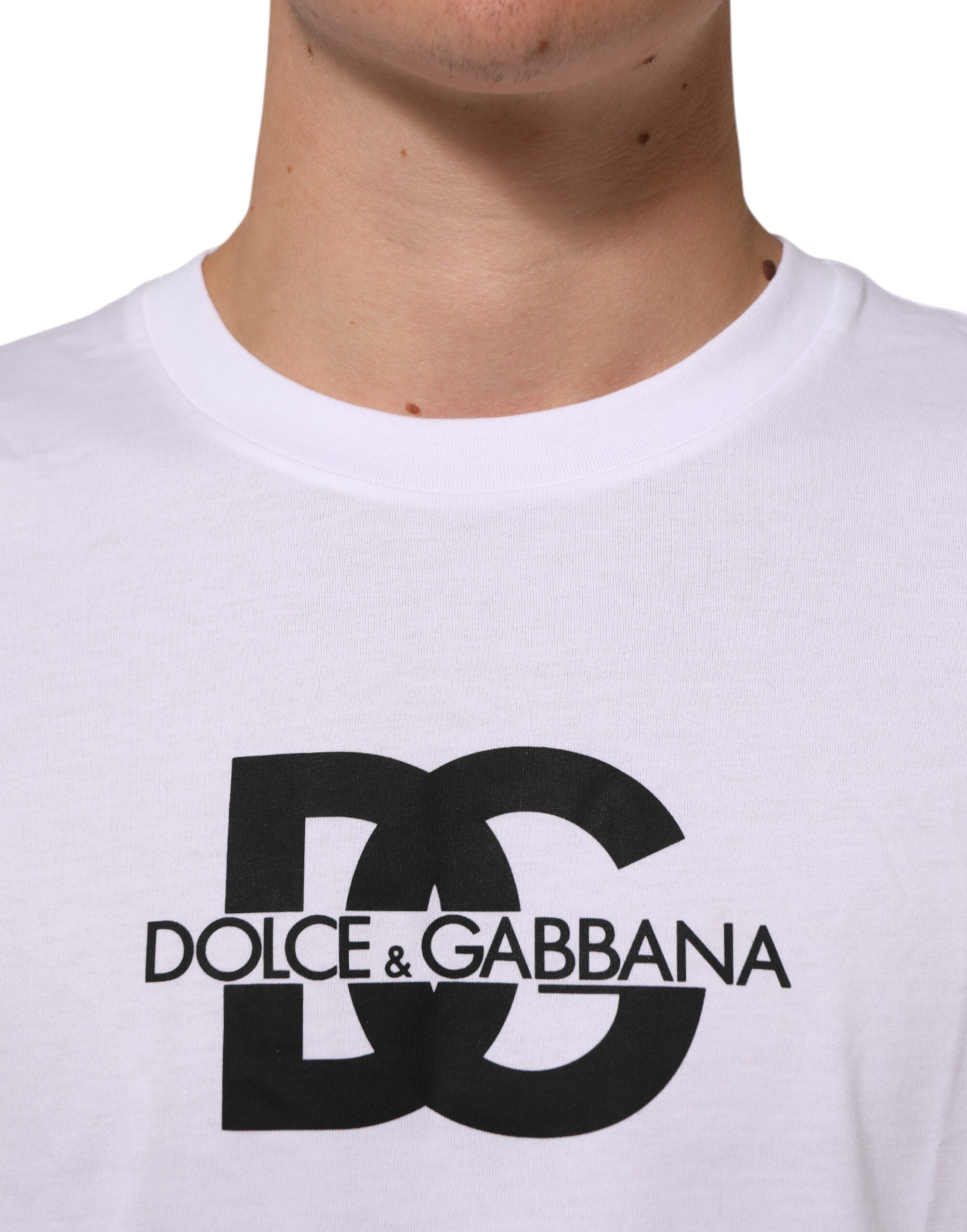 Dolce & Gabbana White Logo Print Cotton Crew Neck Men T-shirt