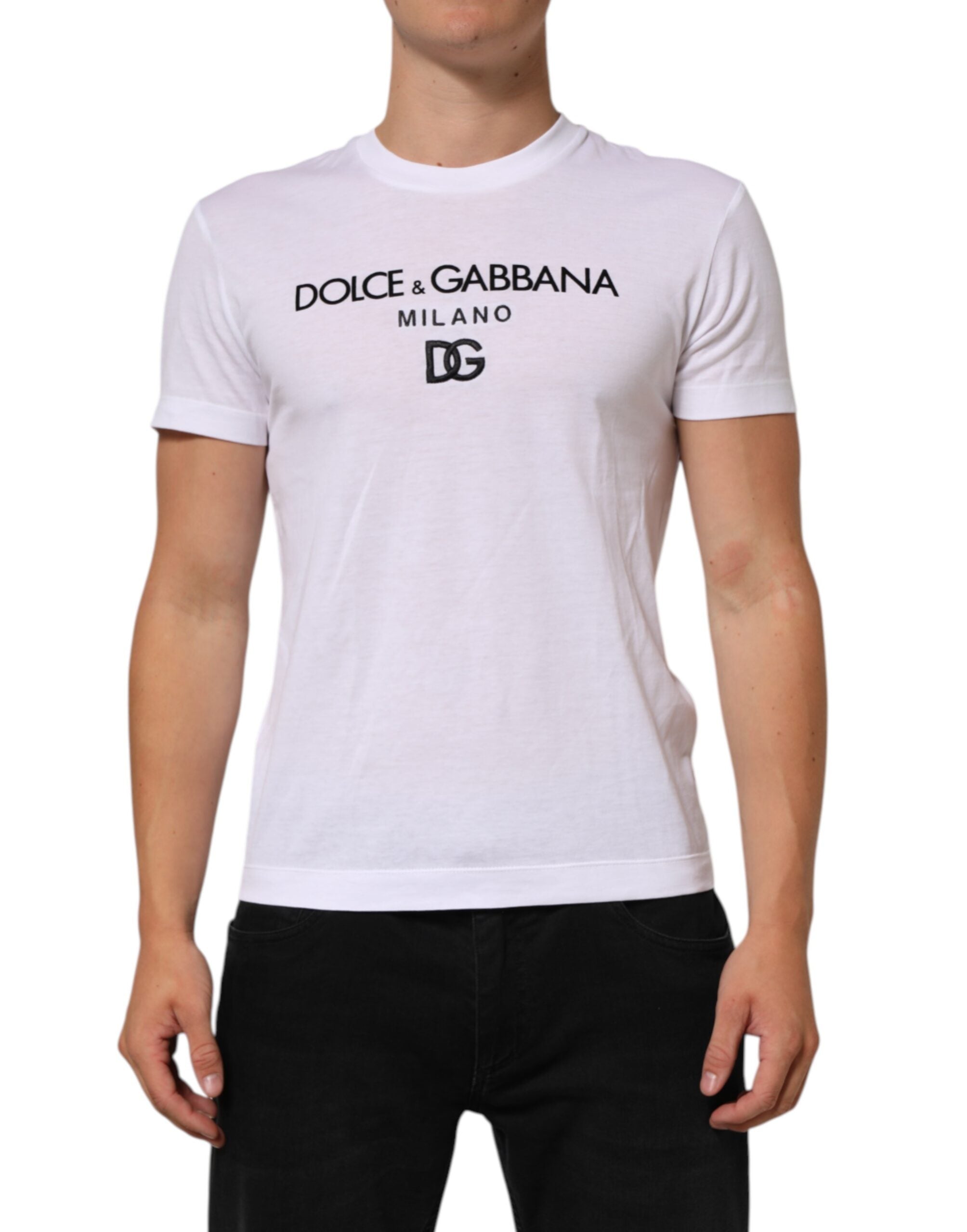 Dolce & Gabbana White Logo Print Cotton Men Crew Neck T-shirt