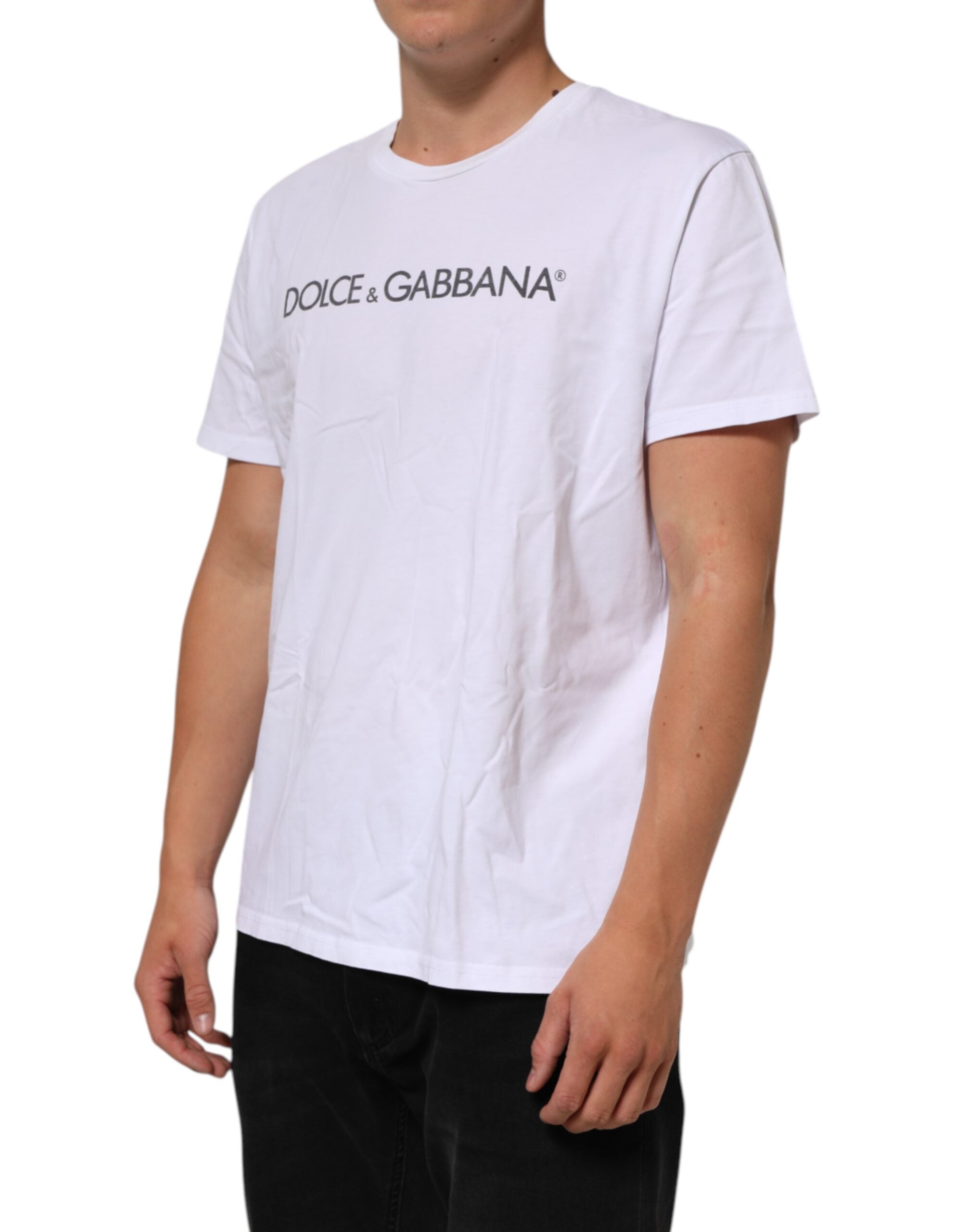 Dolce & Gabbana White Logo Print Cotton Crew Neck T-shirt
