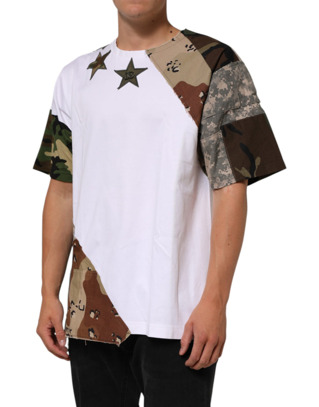 Hvit kamuflasjepatchwork herrebomulls-T-skjorte