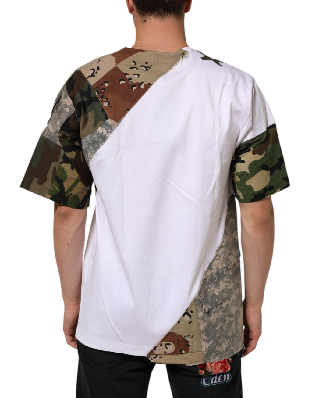 Hvit kamuflasjepatchwork herrebomulls-T-skjorte