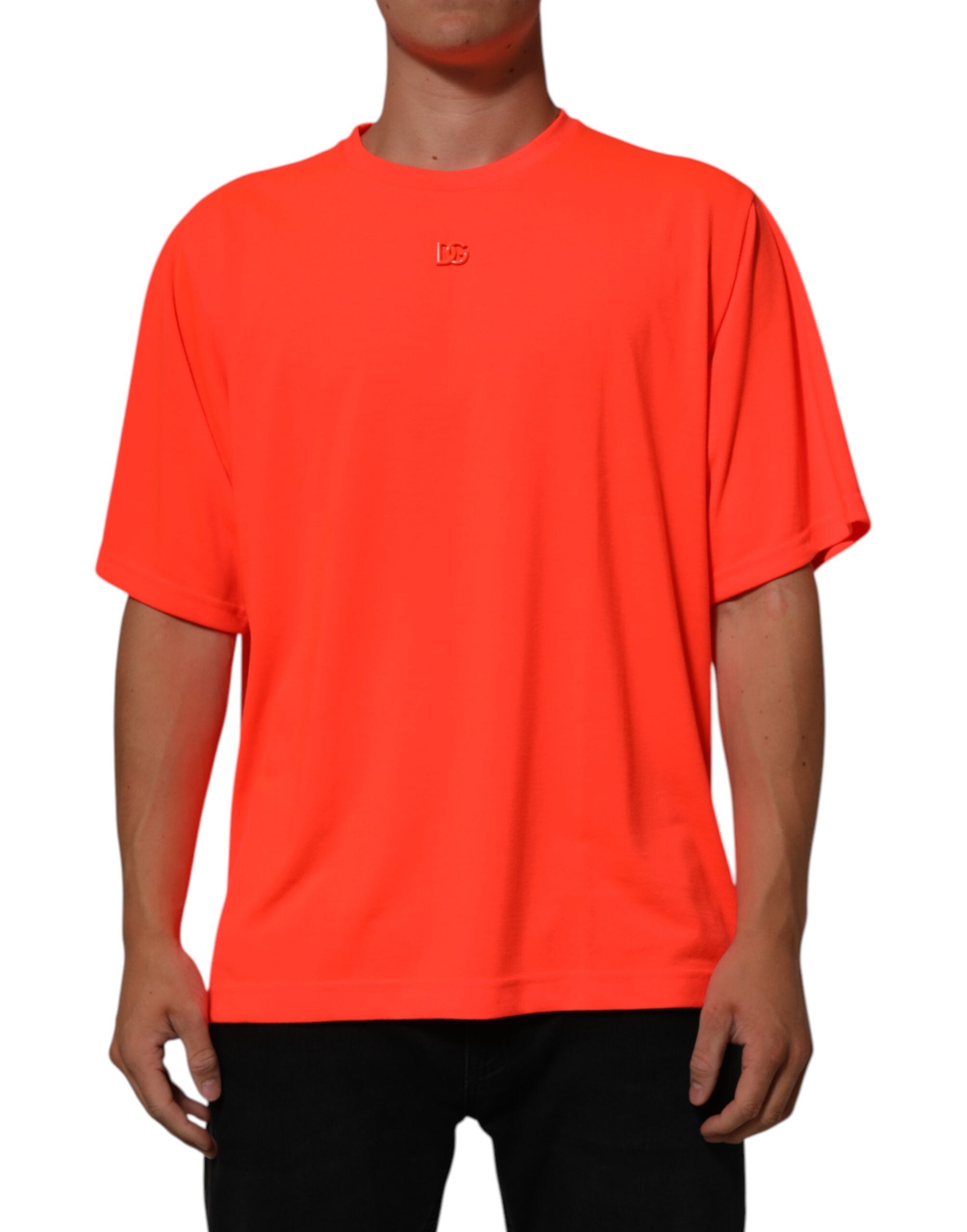 Neonoransje polyester herre-T-skjorte med rund hals