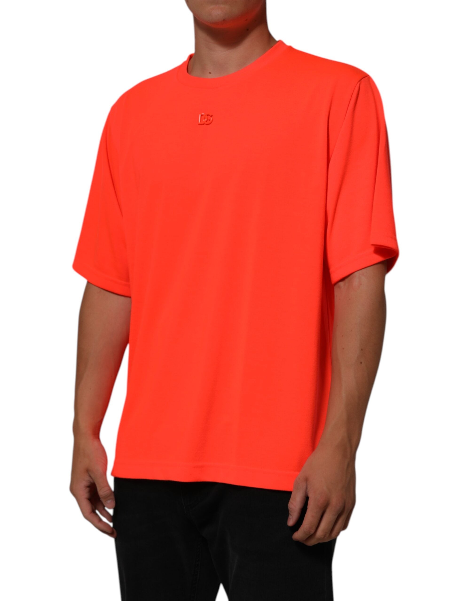 Neonoransje polyester herre-T-skjorte med rund hals
