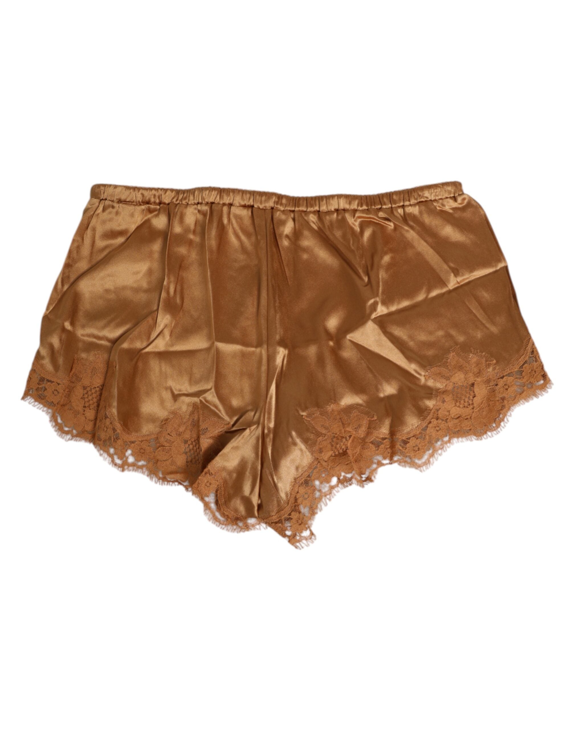 Bruna sidensataginerade blommiga spetsshorts