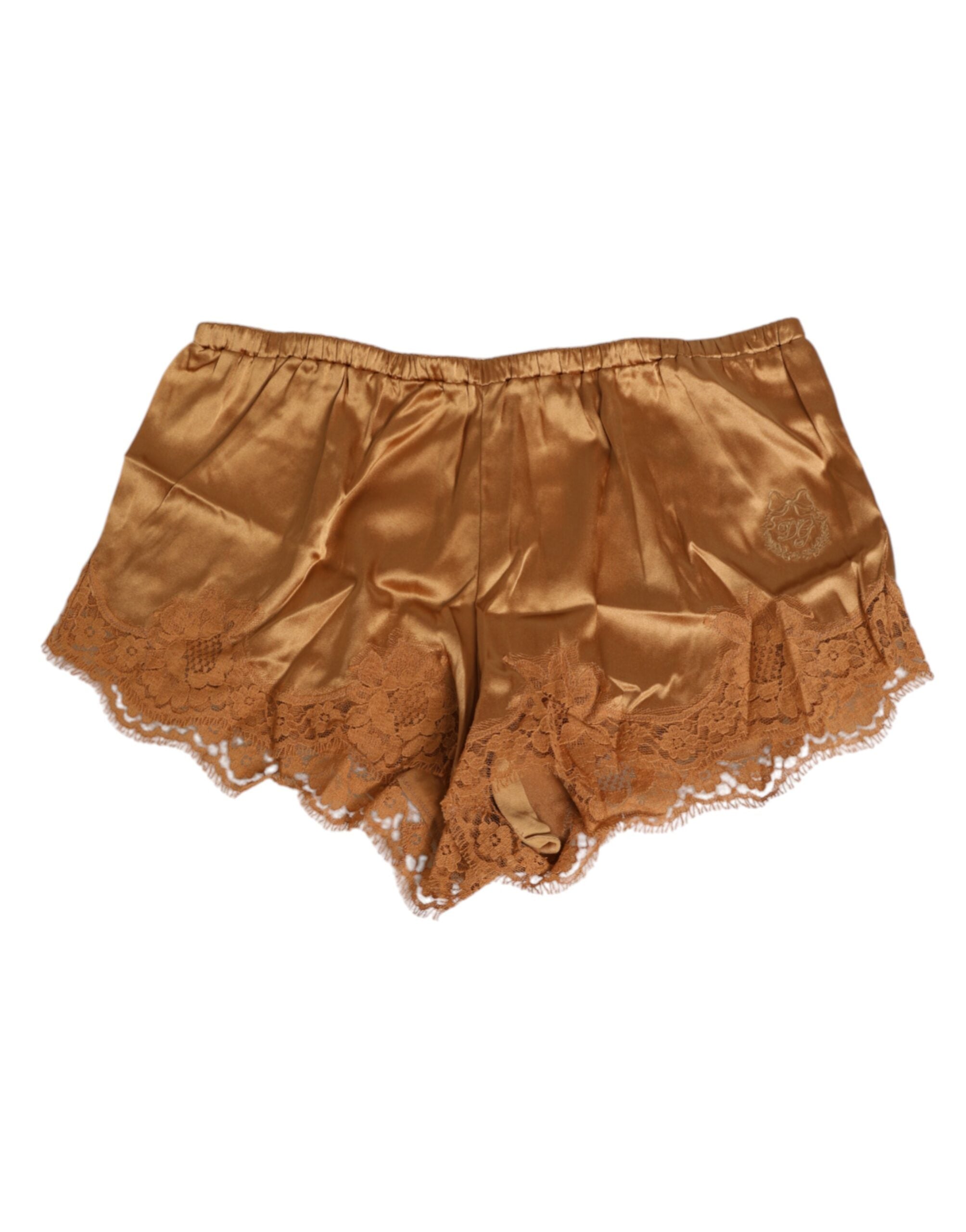 Bruna sidensataginerade blommiga spetsshorts