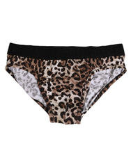 Dolce & Gabbana Brown Cotton Leopard Logo Midi Brief Underwear