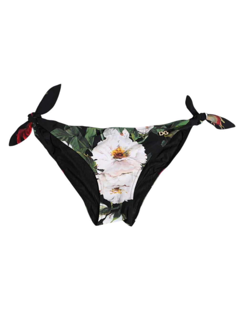 Svart bikiniunderdel med blommigt knytband i sidan och badkläder
