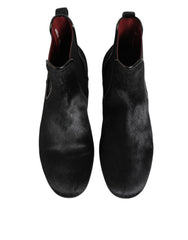 Dolce & Gabbana Black Leather Fur Men CHELSEA Boots Shoes
