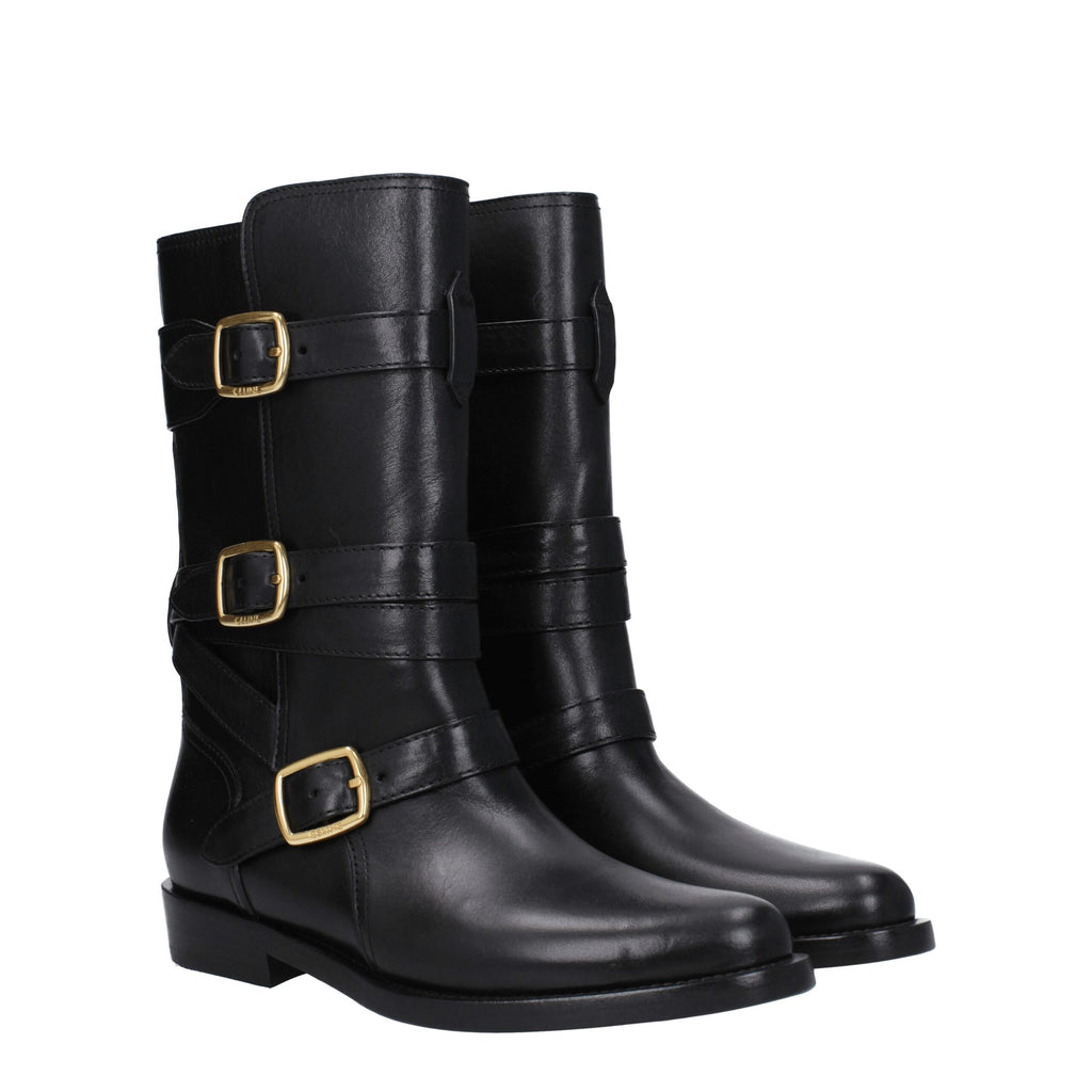 Black Leather Flat Boots