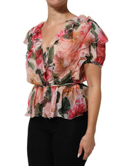 Dolce & Gabbana Pink Camellias Printed Silk V-neck Blouse Top