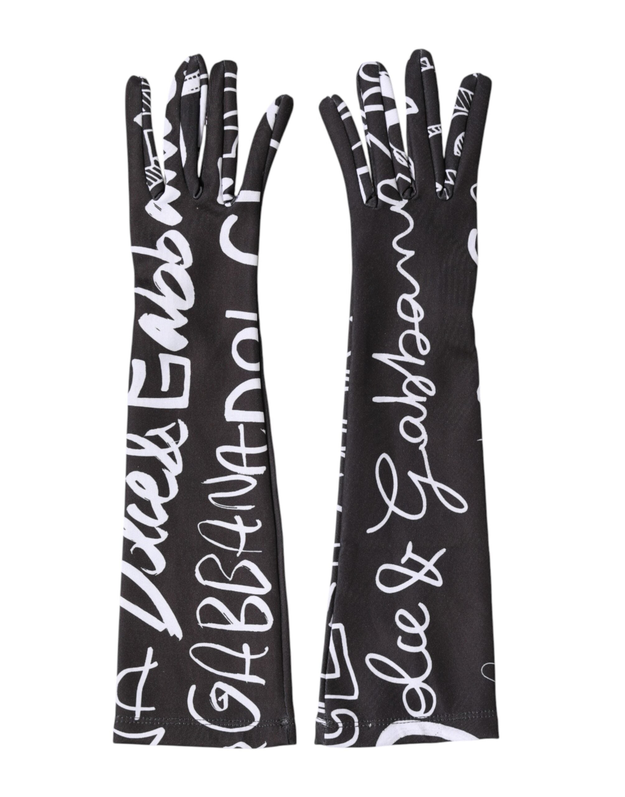 Dolce & Gabbana Black White DG Logo Elbow Length Mitten Gloves